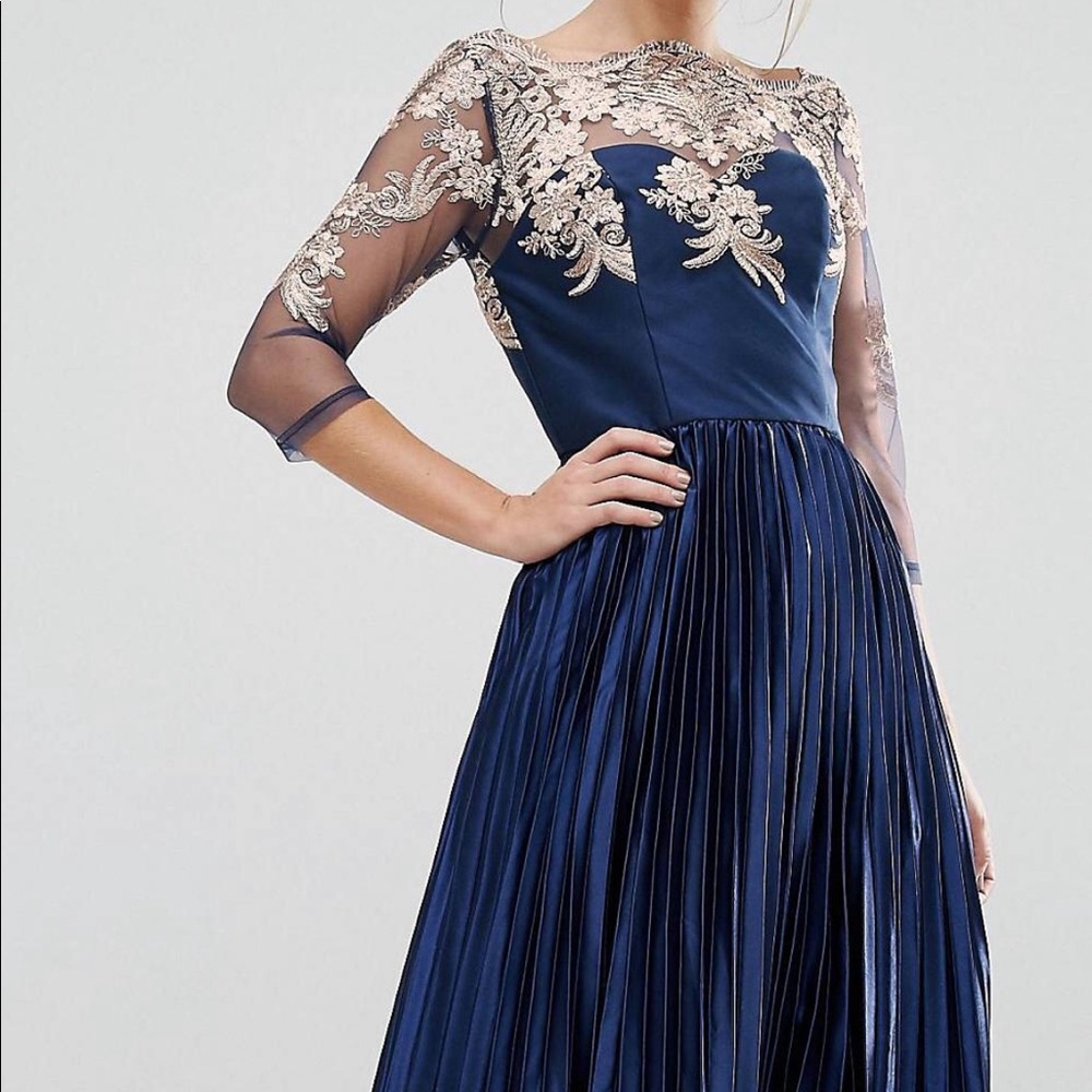ASOS Navy Metallic Gold Pleated Maxi Dress